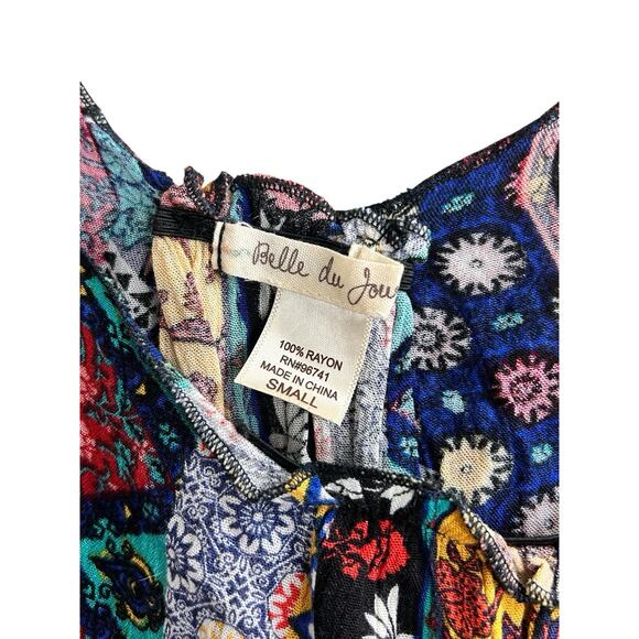 Belle Du Jour Boho Blouse Sz Small Scoop Neck Loose Multi Print Artisan Top - Picture 4 of 7